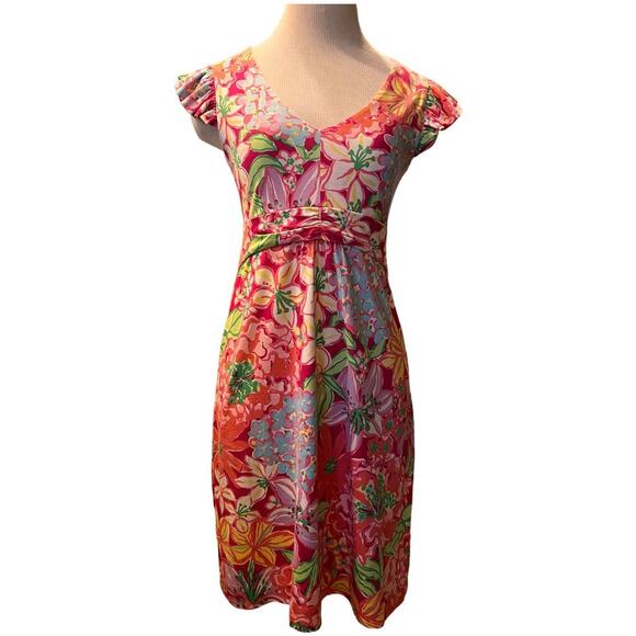 Lilly Pulitzer Clare Silk Blend Dress Ruffle Cap Sleeve Floral XS Whimsy Preppy - Picture 1 of 11